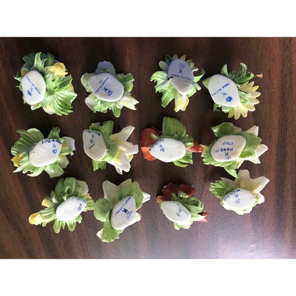 Vtg Capodimonte Set Of 6 Pairs Different Mini Flowers Made In Italy Gold Accents - Picture 2 of 10